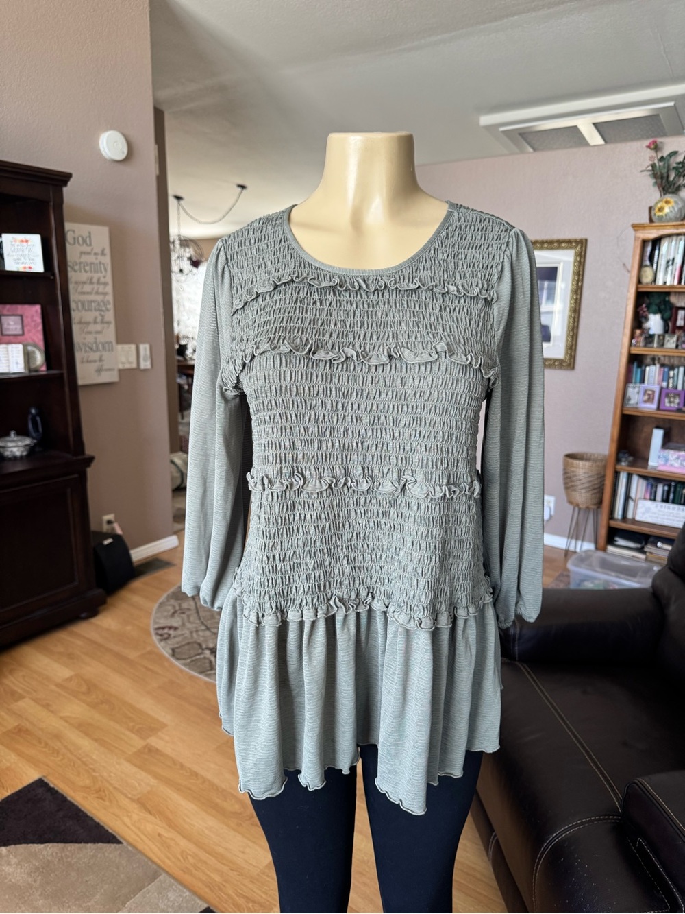 Fever sage green smocked peplum 3/4 sleeves blouse-size L